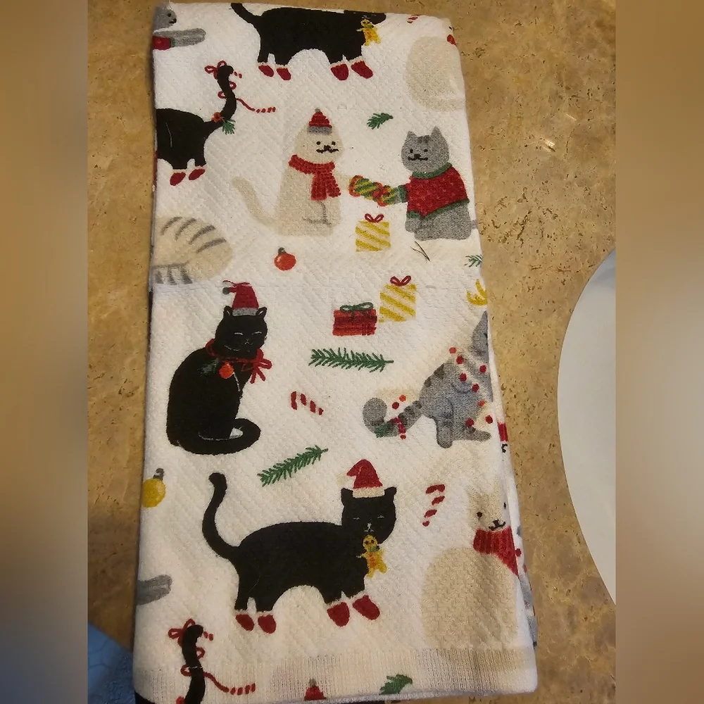 Festive Cat Print Bathroom Hand Towel